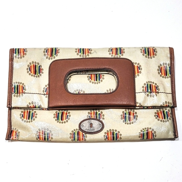 Fossil Key-Per Foldover Convertible Bag Coated Canvas Leather Colorful Dot Print - Picture 5 of 16